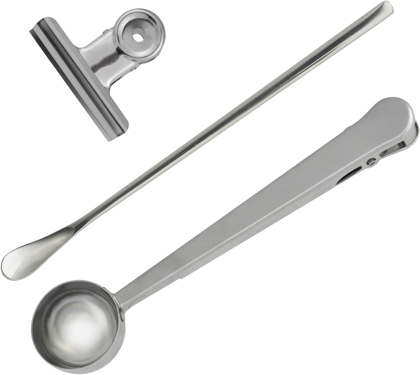 Coffee Measuring Scoop Clip Set, With Stirring Spoon and Bag Clip, Kitchen Gadgets, 304 Stainless Steel, 3 Coffee Tools Set for Coffee Bean and Powder, Tea, Sugar, Spice, Clips for Food Storage
