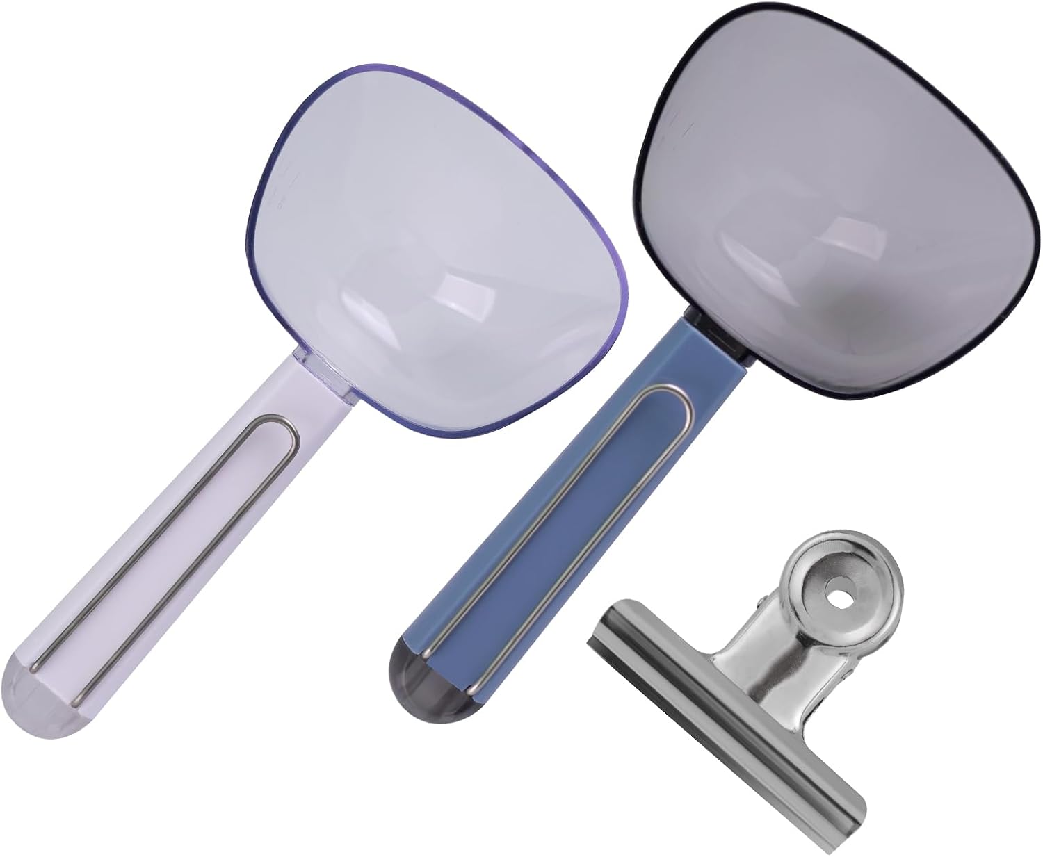 Clear Measuring Scoops Set, Suitable for Pet Food, Coffee bean, Protein, Powders, and Other Dry Goods, Handle with Sealing Clip, for Measurement and Food Storage, Reusable Clear Plastic Scoops