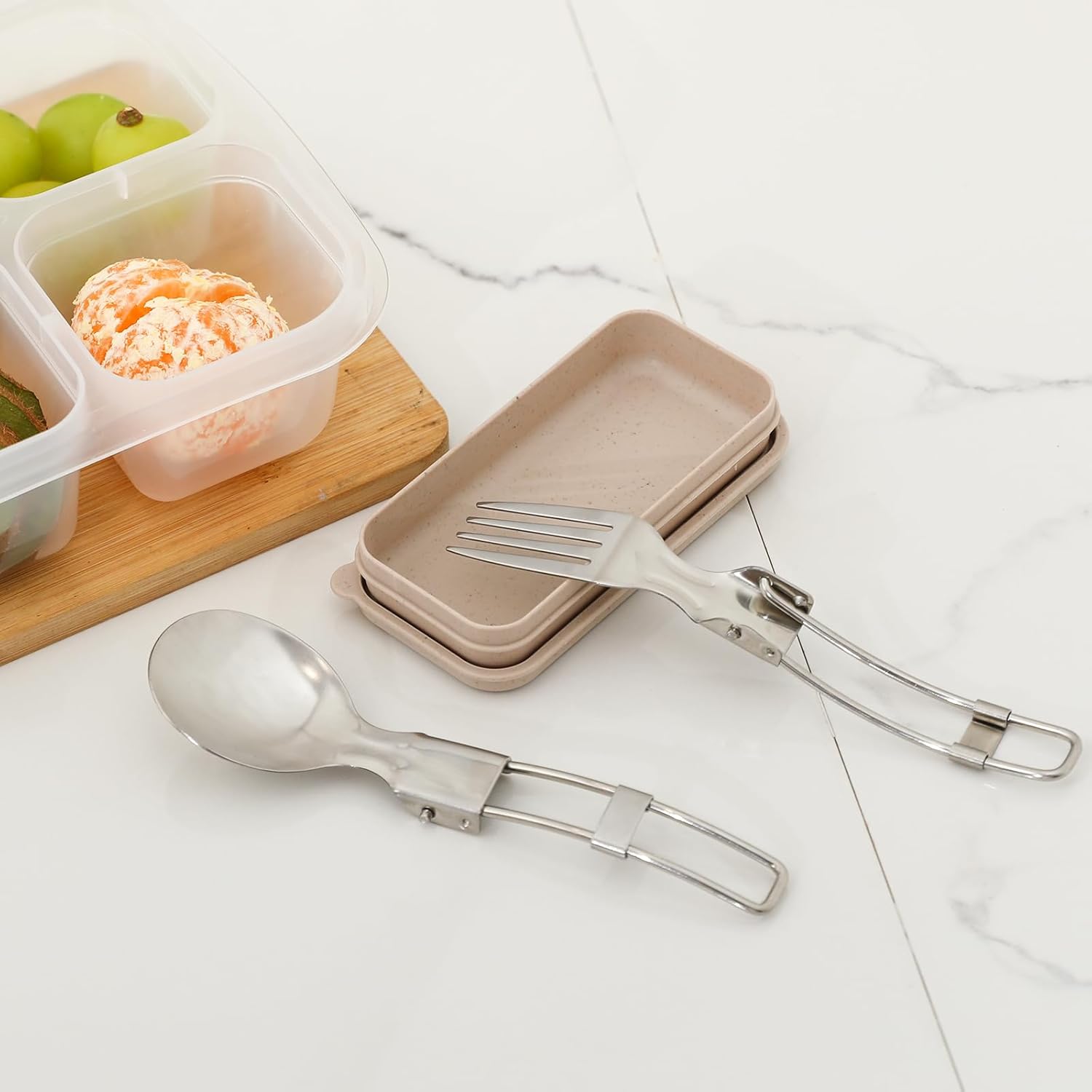 Camping Utensils Folding Spork Set, Fork and Spoon With Storage Box, Stainless Steel Tableware Accessories, Portable Outdoor Kitchen Set for Travel, Picnic, Hiking, Backpacks
