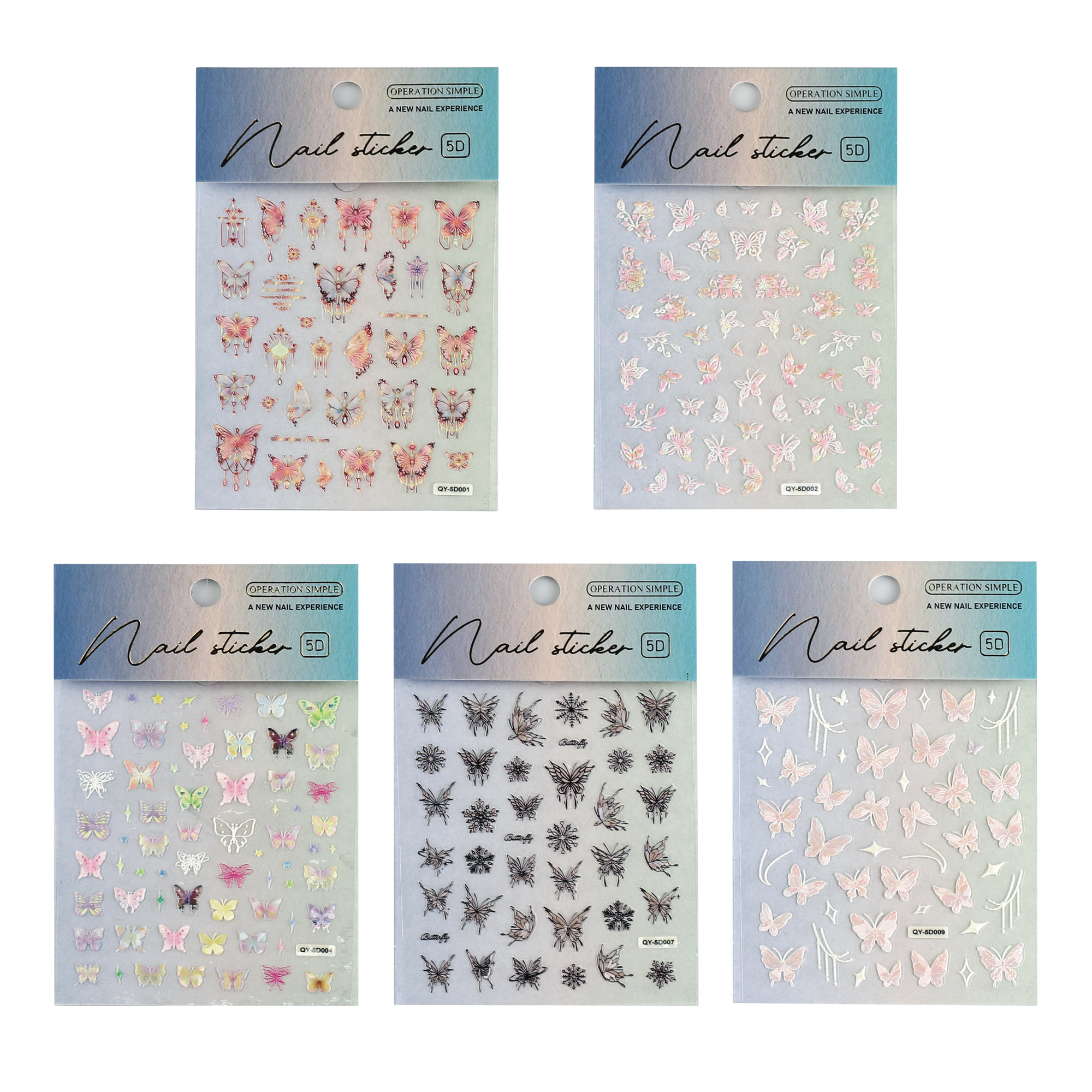 5 Sheets Butterfly Nail Stickers 5D Embossed Nail Decals