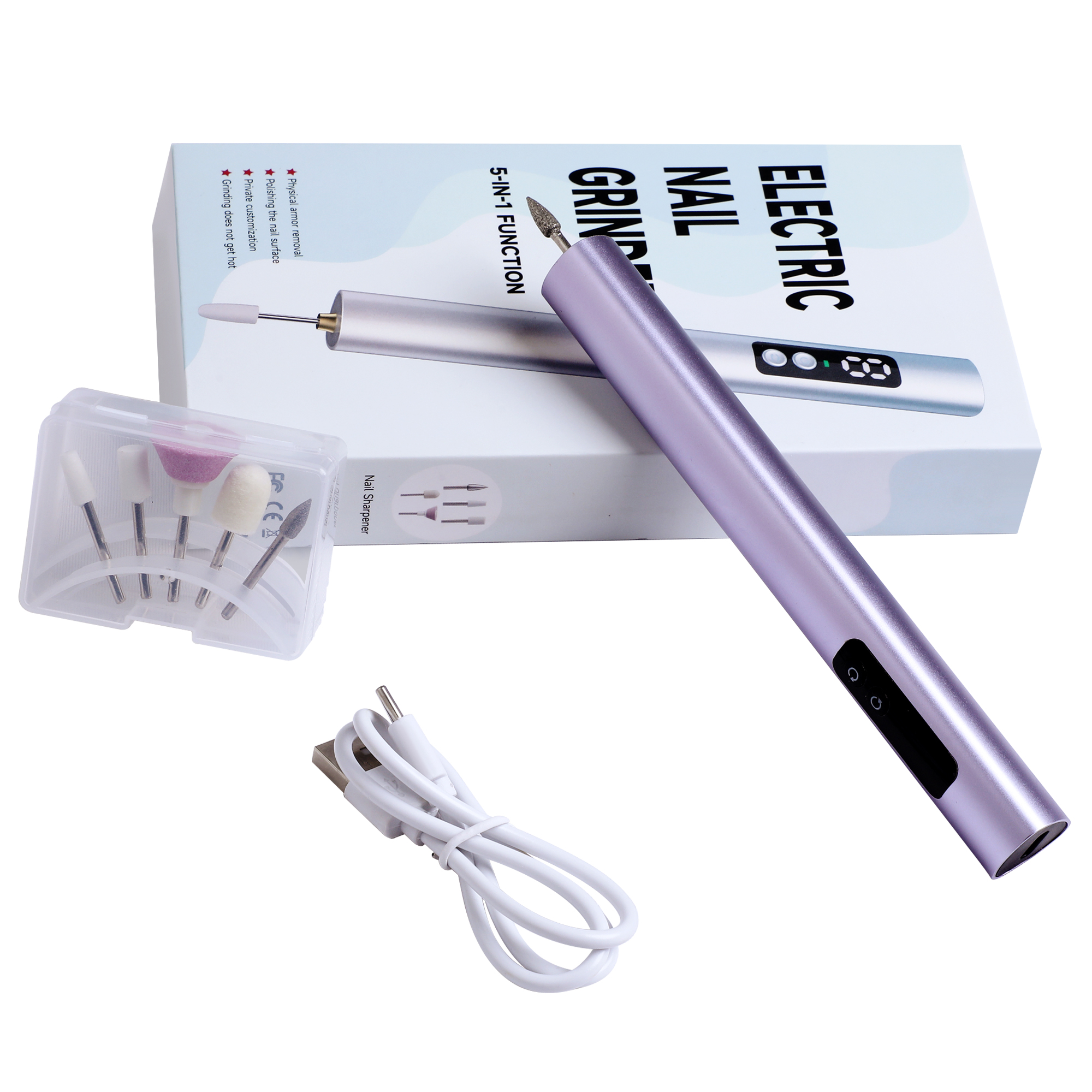 Electric Nail Drill with Triangle Designl, Purple Portable Cordless Nail File Machine with Auxiliary Light, 6 Speeds Rechargeable Nail Drill for Home Salon Manicure Pedicure and Polishing