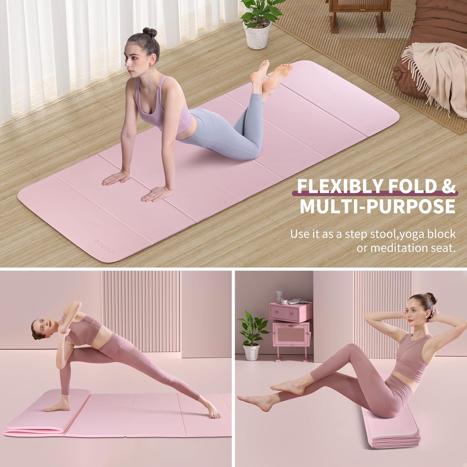 2-in-1 Foldable Fitness Mat 75 x 26 inches - Extra Thick 2/5 Inches Yoga Mat, Lightweight and Portable, Ideal for Yoga, Pilates, Full Body Workouts, Doubles as Step Stool, Yoga Block, Meditation Seat