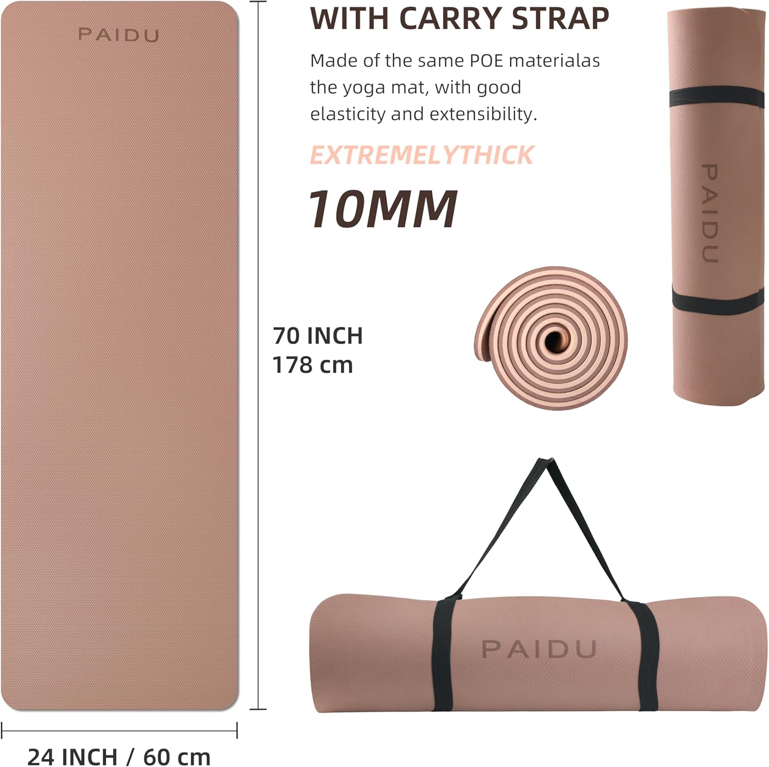 Yoga Mat Non Slip Anti-tear,extra thick High Resiliency Professional POE Yoga Mats for Women Men Kids,70"x24"x10mm,Workout, Yoga, Pilates and Floor Exercise, with Carrier Strap