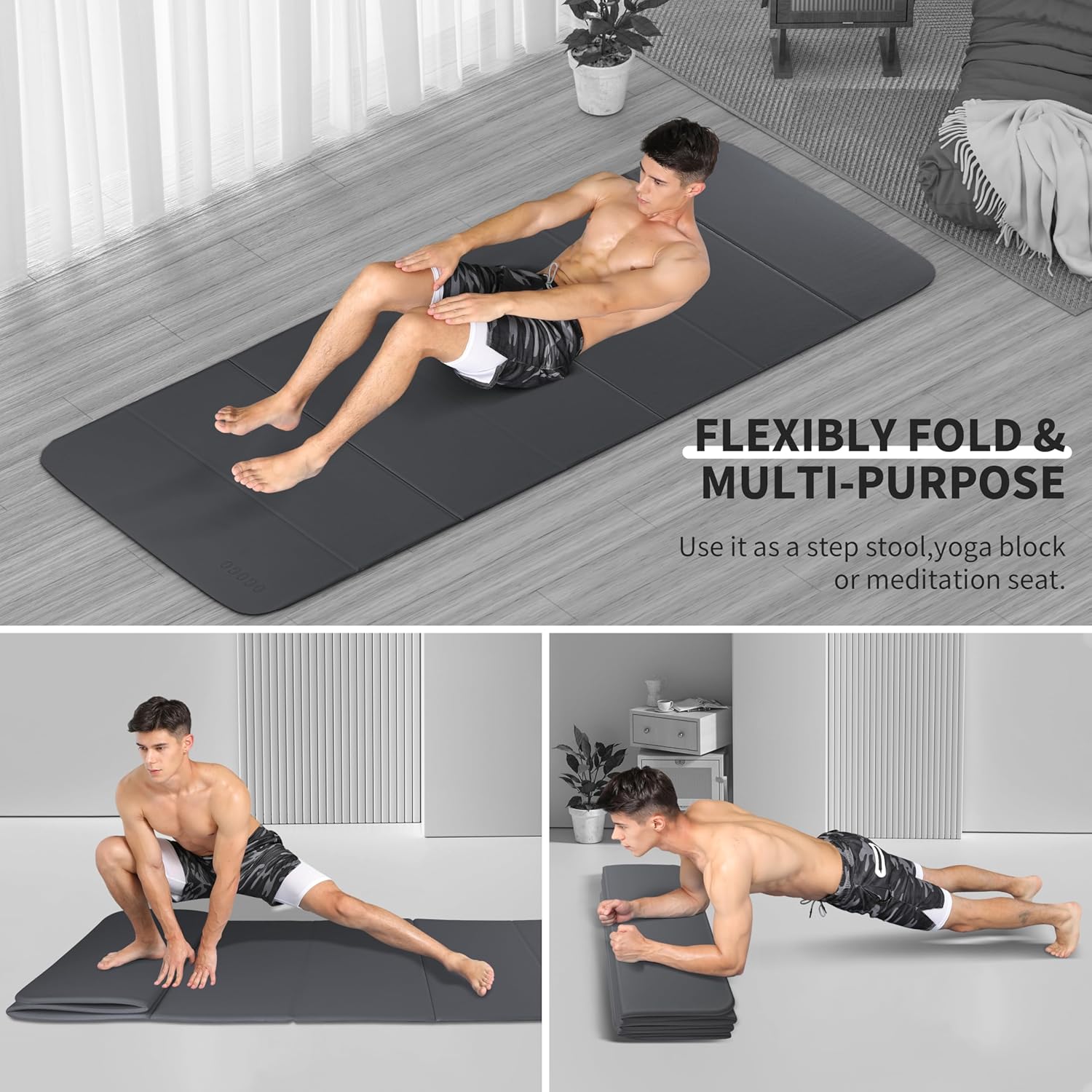 2-in-1 Foldable Fitness Mat 75 x 26 inches - Extra Thick 2/5 Inches Yoga Mat, Lightweight and Portable, Ideal for Yoga, Pilates, Full Body Workouts, Doubles as Step Stool, Yoga Block, Meditation Seat