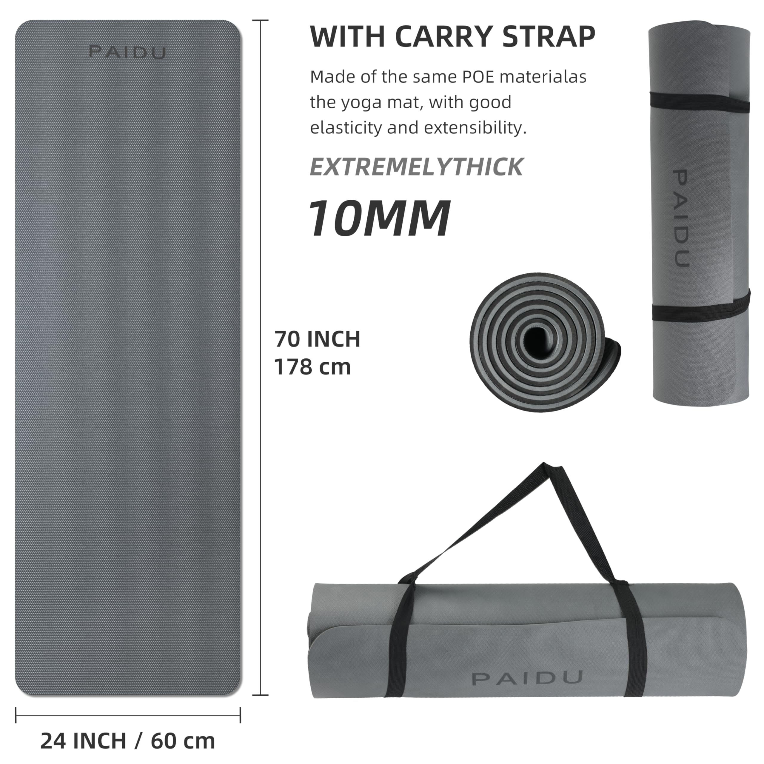 Yoga Mat Non Slip Anti-tear,extra thick High Resiliency Professional POE Yoga Mats for Women Men Kids,70"x24"x10mm,Workout, Yoga, Pilates and Floor Exercise, with Carrier Strap
