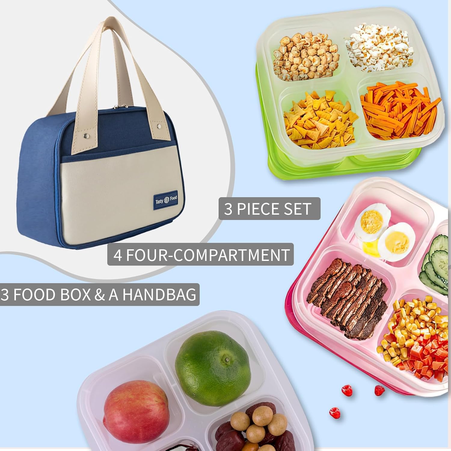 Bento Box for Adults Snack Lunch Boxes Set with Insulated Food Bag Snack Containers Set of 3-Stackable with 4 Compartments for Work Travel Outdoor