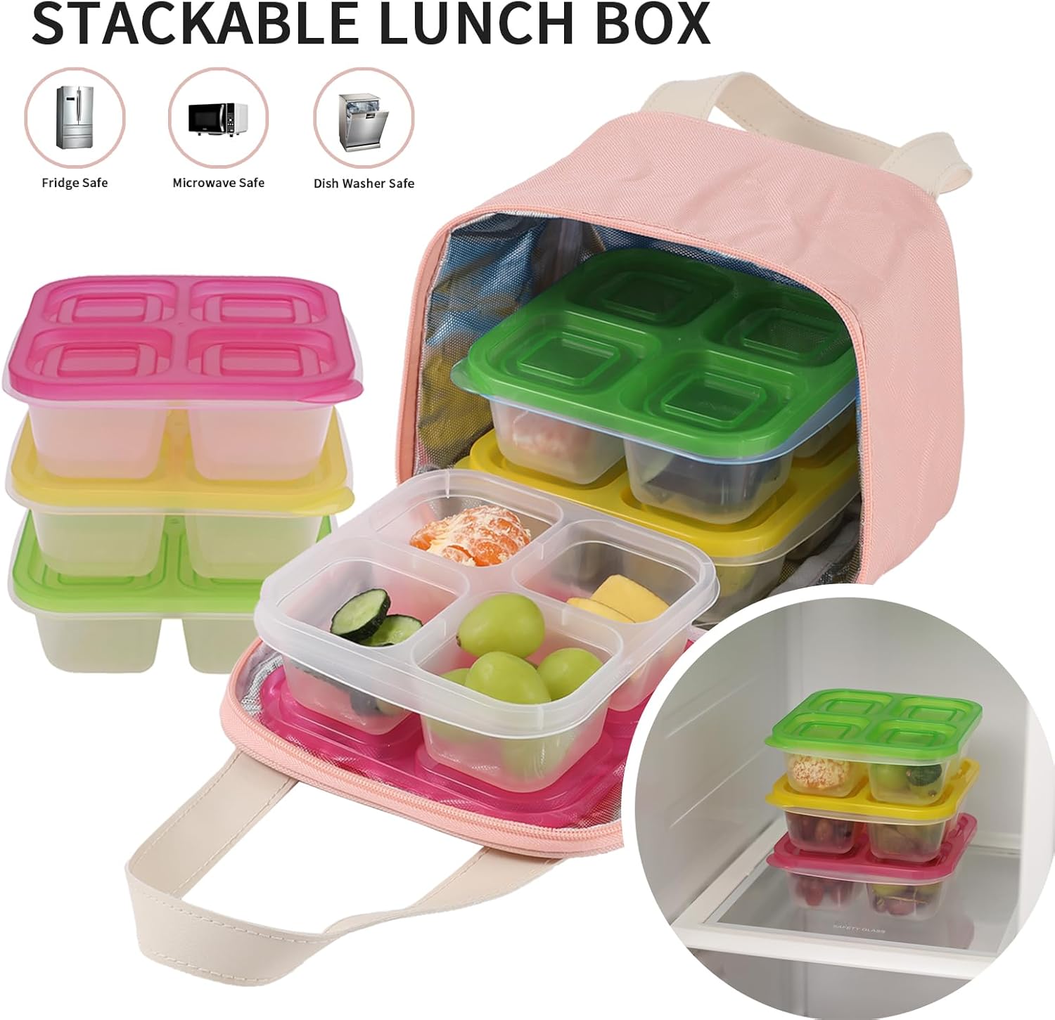 Bento Box for Adults Snack Lunch Boxes Set with Insulated Food Bag Snack Containers Set of 3-Stackable with 4 Compartments for Work Travel Outdoor