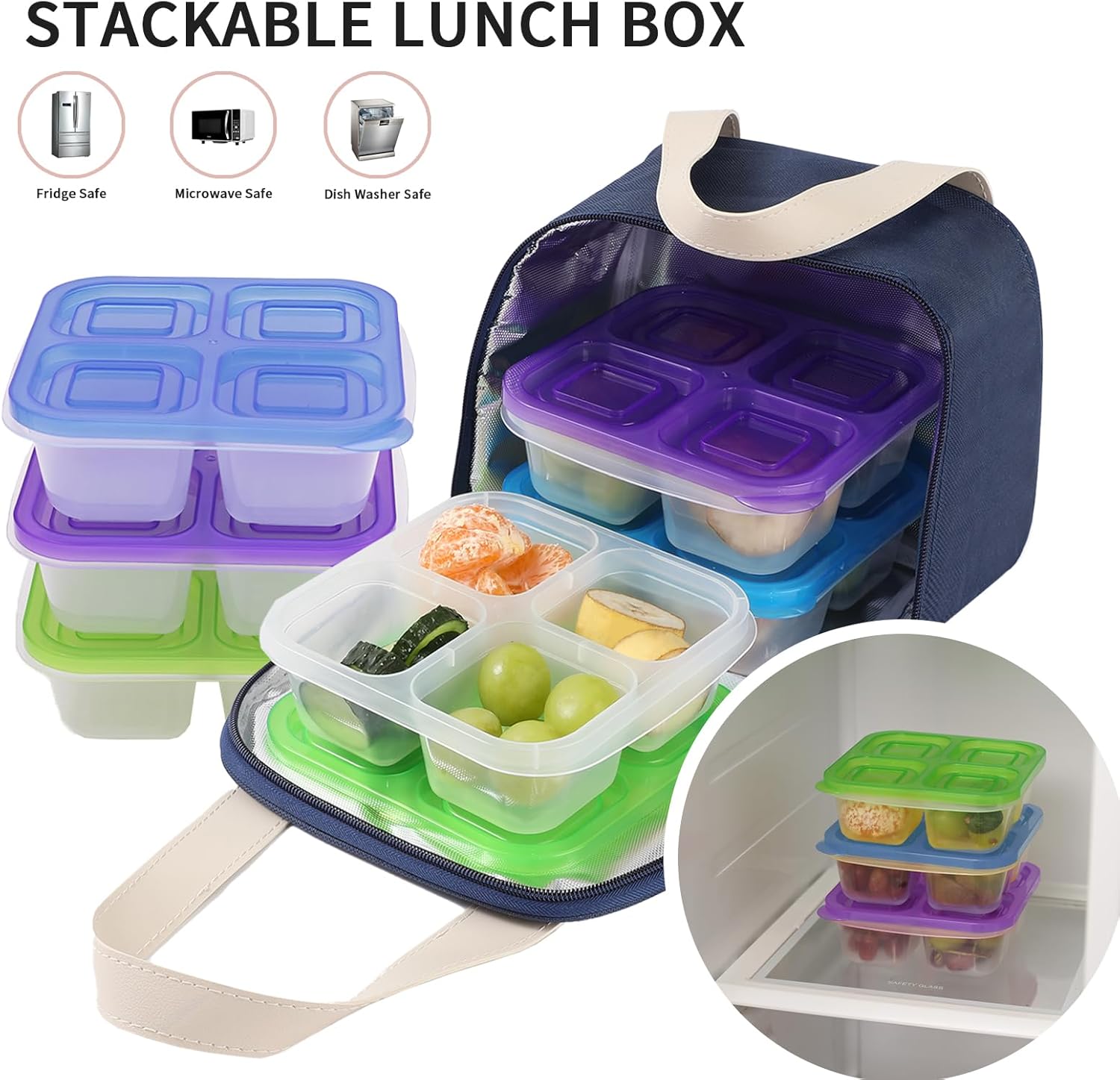 Bento Box for Adults Snack Lunch Boxes Set with Insulated Food Bag Snack Containers Set of 3-Stackable with 4 Compartments for Work Travel Outdoor