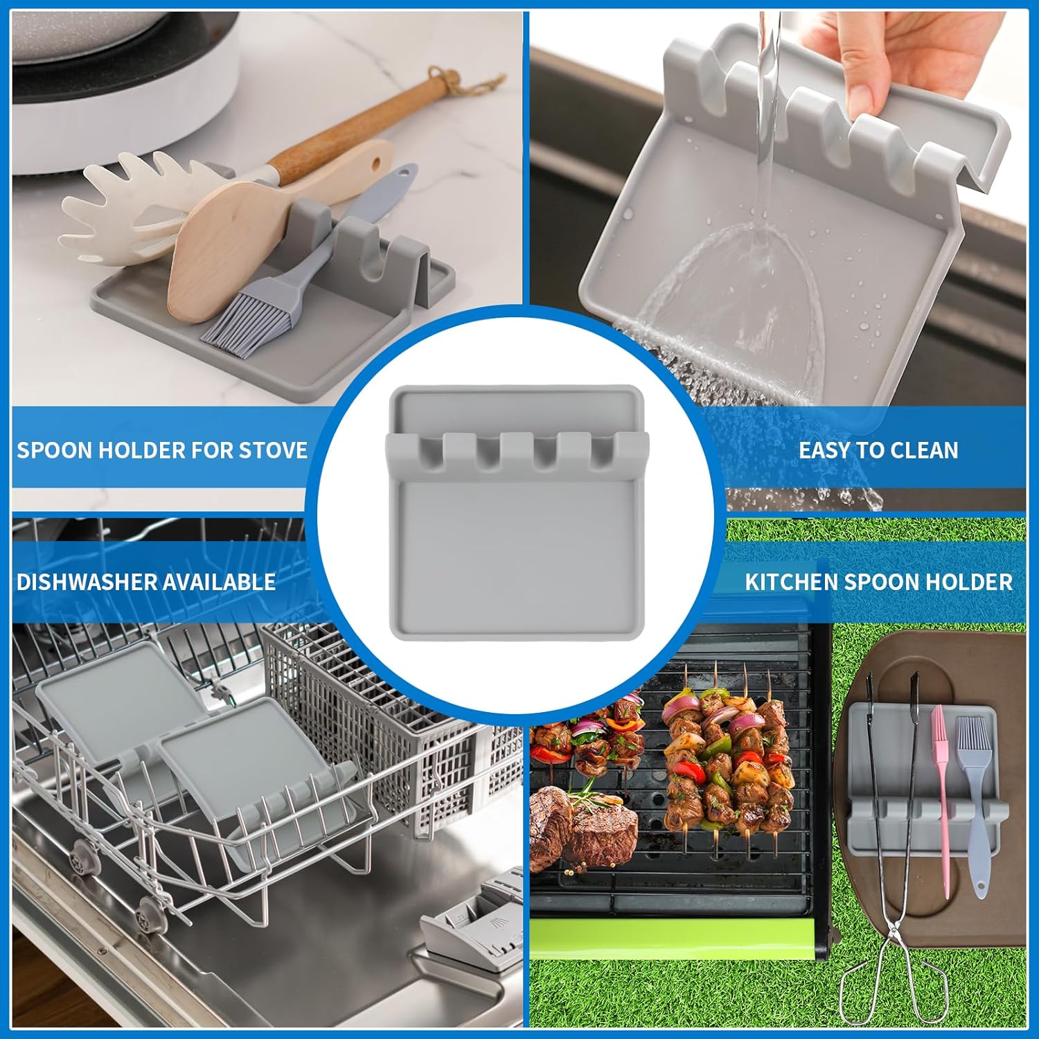 Kitchen Silicone Spoon Rest Heat Resistant Utensil Rest with Drip Pad For Multiple Utensils Grill Utensil Holder Spatula Holder Tongs Ladle