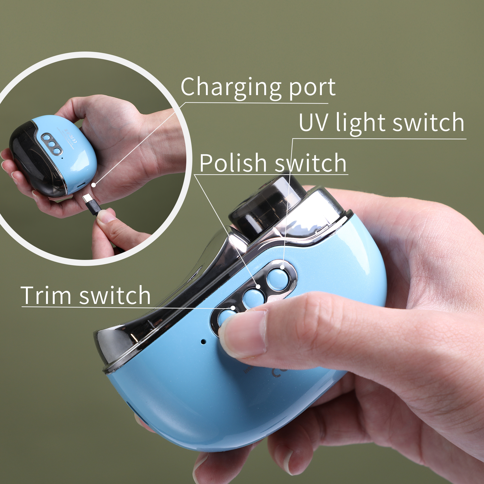 Electric Nail Clipper with UV Baking Light Nail Trimmer USB Rechargeable Polish Safety