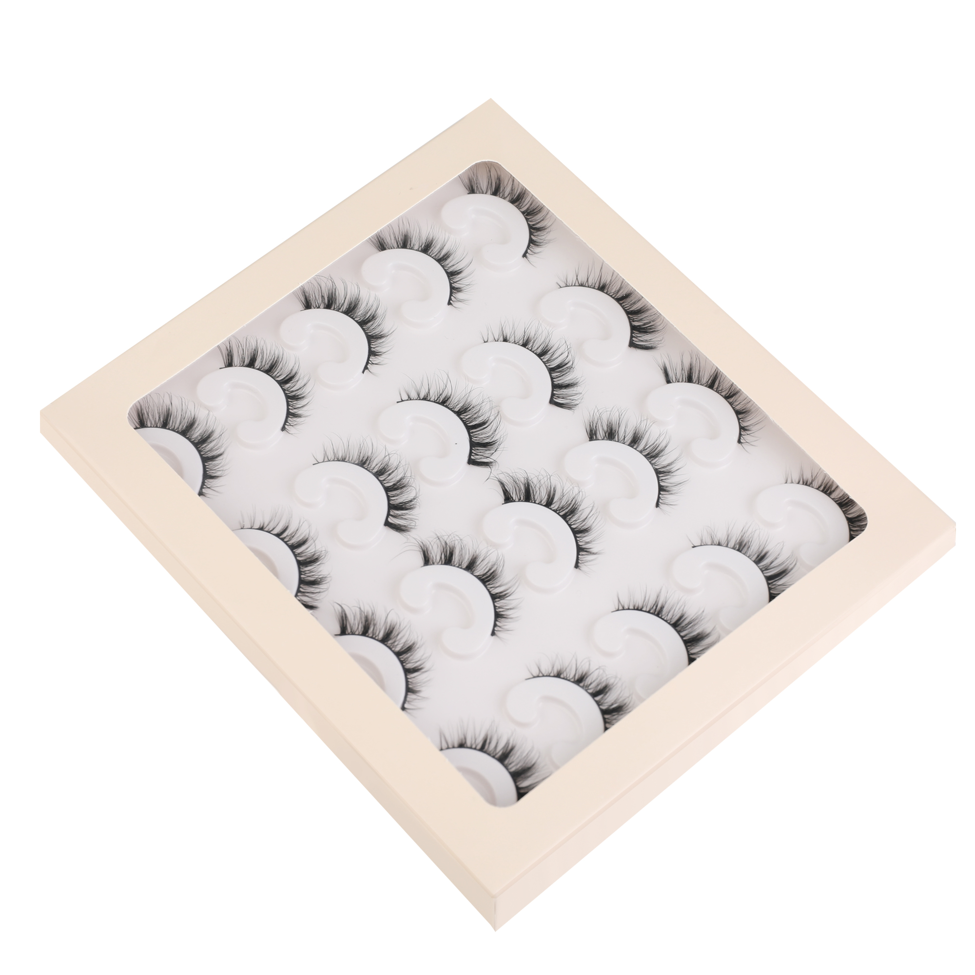 Achieve stunning eyes with 10 pairs of jet black false lashes, perfect for heavy makeup