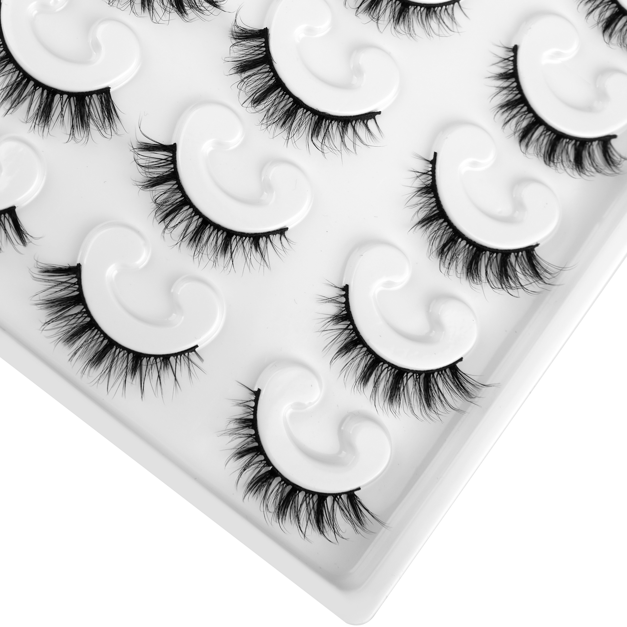 Achieve stunning eyes with 10 pairs of jet black false lashes, perfect for heavy makeup