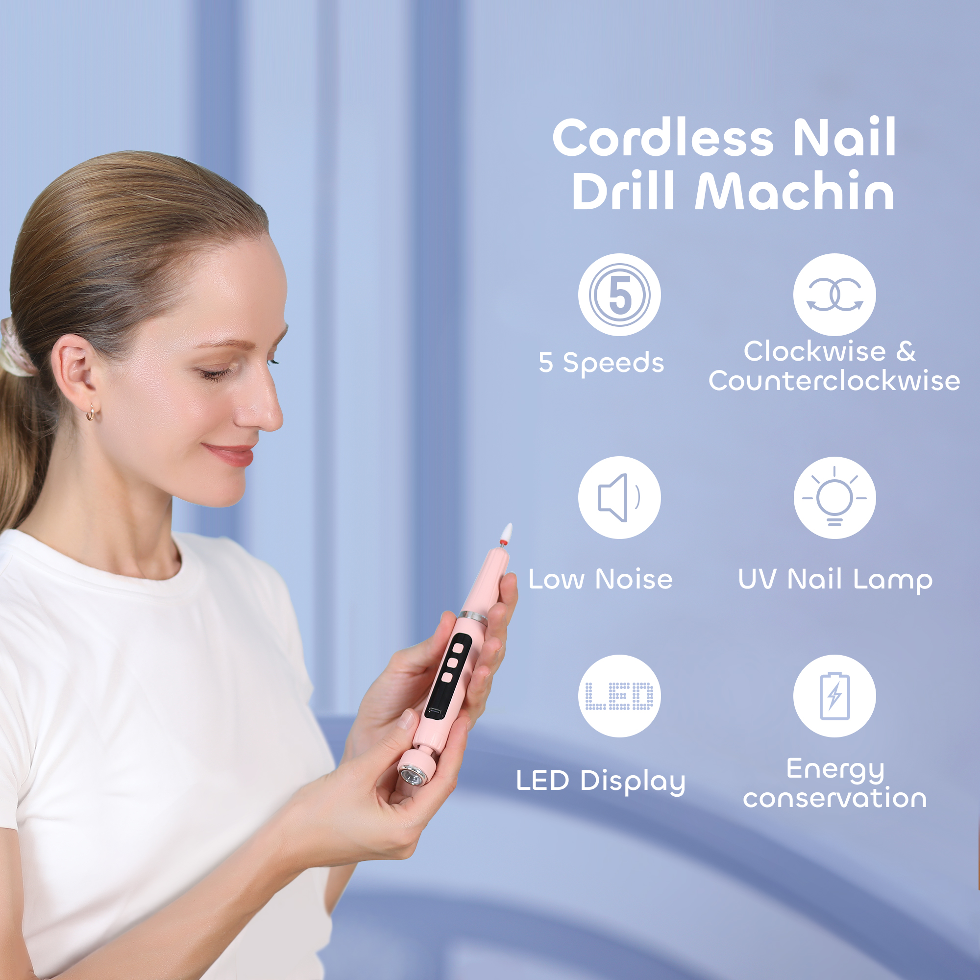 2 in 1 Electric Nail Drill and UV Nail Lamp, Pink Portable Cordless Nail File Machine with Movable UV Light for Gel Nails Polishing Curing, 5 Speeds Rechargeable Nail Drill
