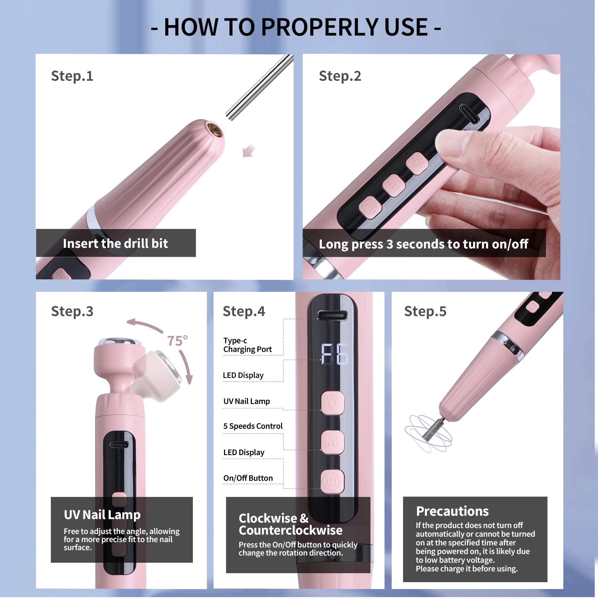 2 in 1 Electric Nail Drill and UV Nail Lamp, Pink Portable Cordless Nail File Machine with Movable UV Light for Gel Nails Polishing Curing, 5 Speeds Rechargeable Nail Drill