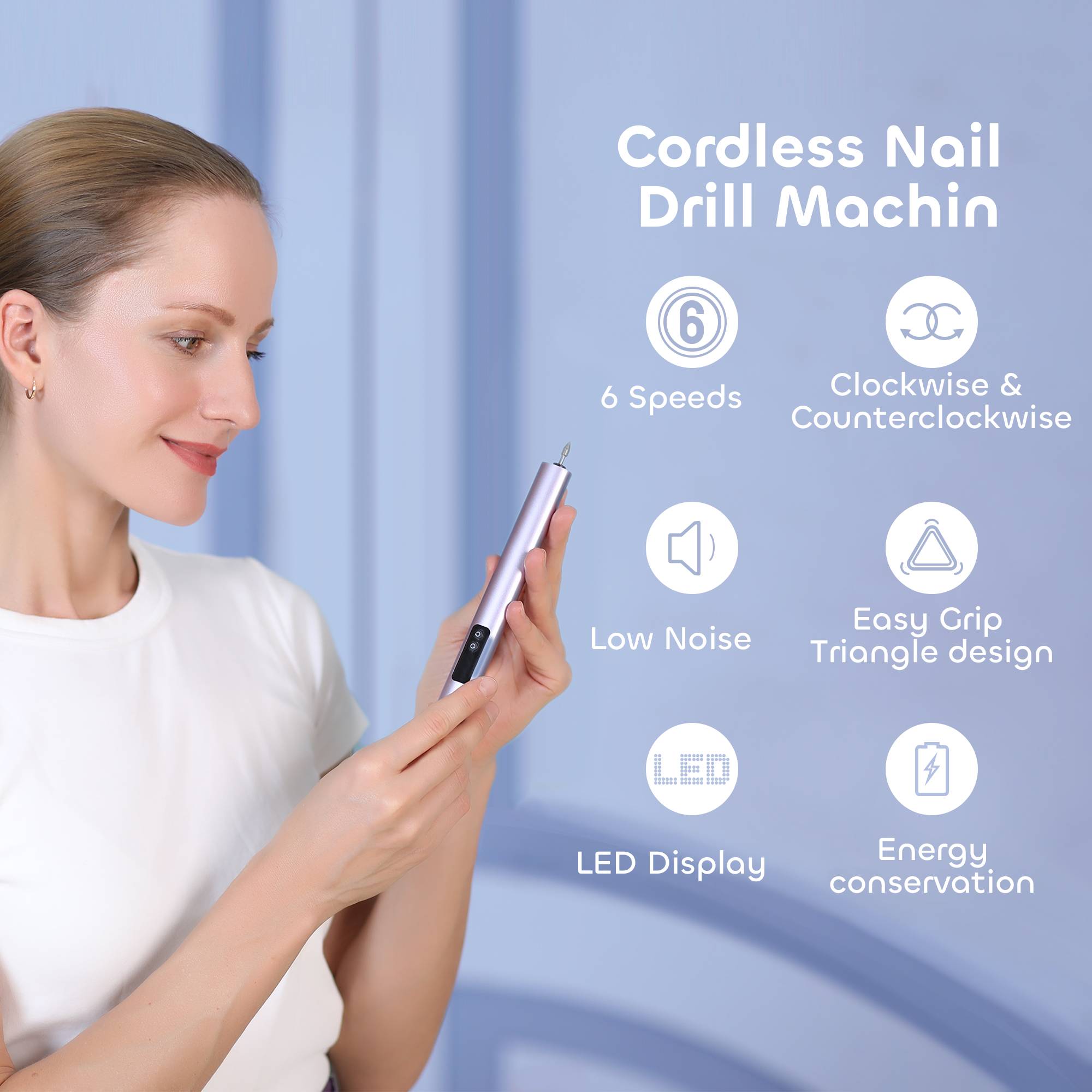 Electric Nail Drill with Triangle Designl, Purple Portable Cordless Nail File Machine with Auxiliary Light, 6 Speeds Rechargeable Nail Drill for Home Salon Manicure Pedicure and Polishing