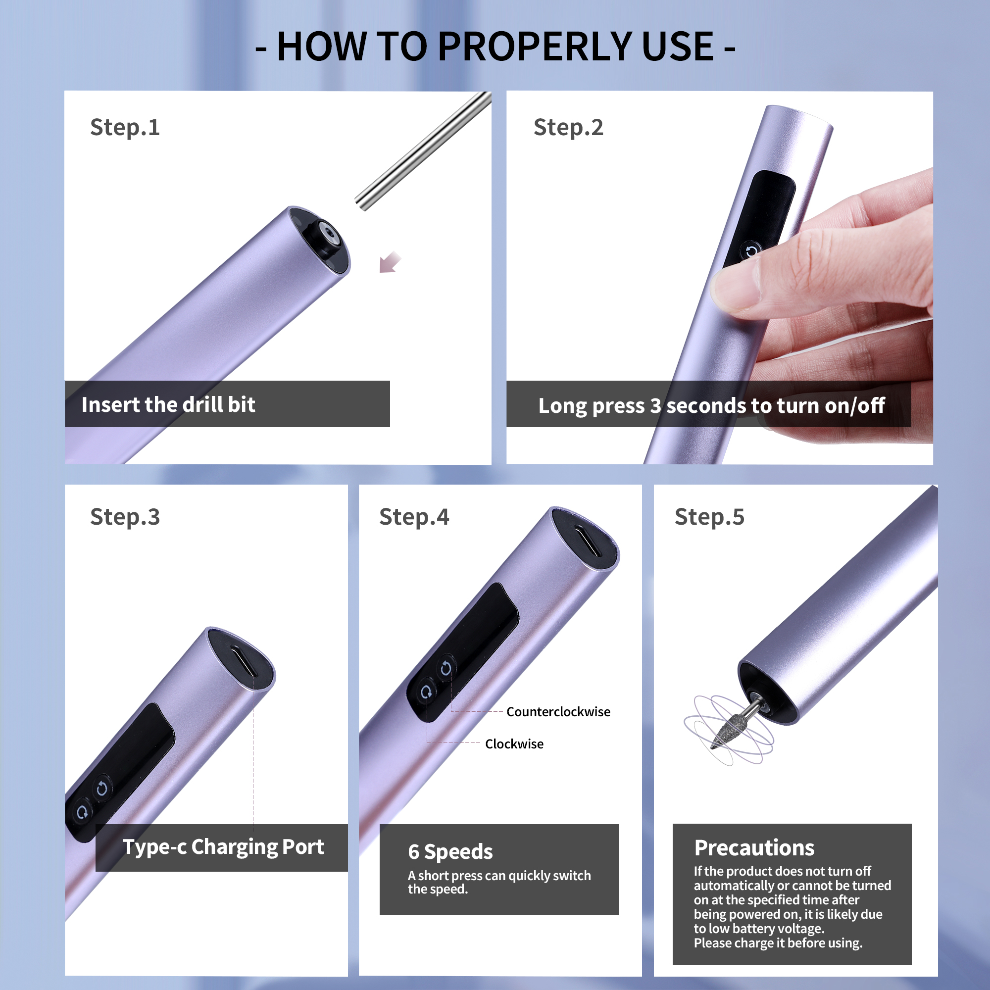 Electric Nail Drill with Triangle Designl, Purple Portable Cordless Nail File Machine with Auxiliary Light, 6 Speeds Rechargeable Nail Drill for Home Salon Manicure Pedicure and Polishing