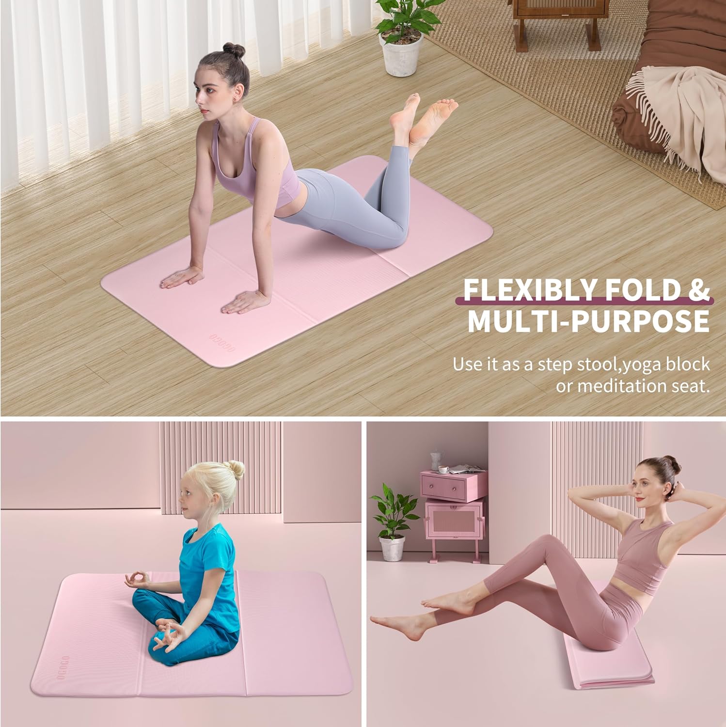 OGOGO 2-in-1 Foldable Fitness Mat 42 x 24 inches - Extra Thick 2/5 Inches Yoga Mat, Lightweight and Portable, Ideal for Yoga, Pilates, Full Body Workouts, Doubles as Step Stool, Yoga Block, Meditation Seat