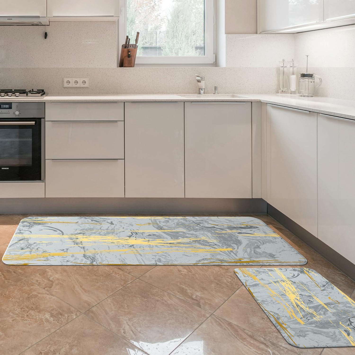 PAIDU Kitchen Floor Mat Set of 2 PCS,Cushioned Anti Fatigue Kitchen Rug for Floor,Non-Slip Waterproof Kitchen Mats,Durable PVC Comfort Kitchen Mats and Rugs (gray&gold)
