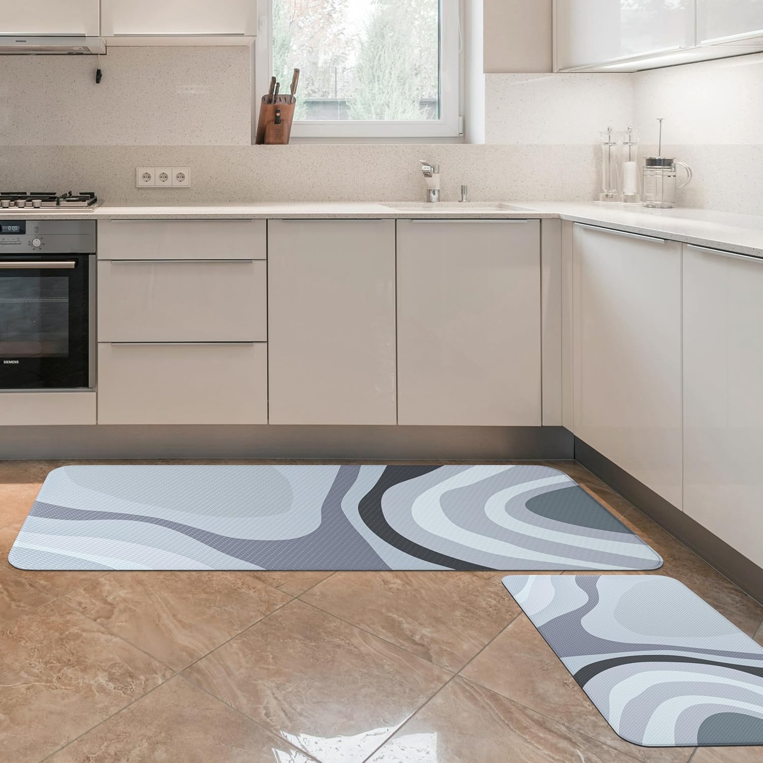 Kitchen Floor Mat Set of 2 PCS,Cushioned Anti Fatigue Kitchen Rug for Floor,Non-Slip Waterproof Kitchen Mats,Durable PVC Comfort Kitchen Mats and Rugs (Gray＆White, 17"×47"+17"×30")