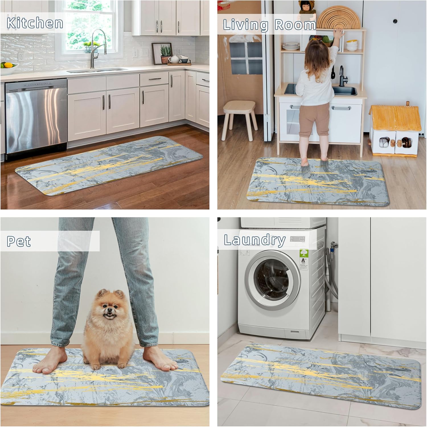 PAIDU Kitchen Floor Mat Set of 2 PCS,Cushioned Anti Fatigue Kitchen Rug for Floor,Non-Slip Waterproof Kitchen Mats,Durable PVC Comfort Kitchen Mats and Rugs (gray&gold)