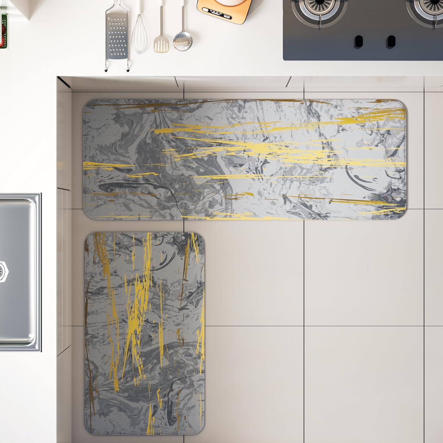 PAIDU Kitchen Floor Mat Set of 2 PCS,Cushioned Anti Fatigue Kitchen Rug for Floor,Non-Slip Waterproof Kitchen Mats,Durable PVC Comfort Kitchen Mats and Rugs (gray&gold)