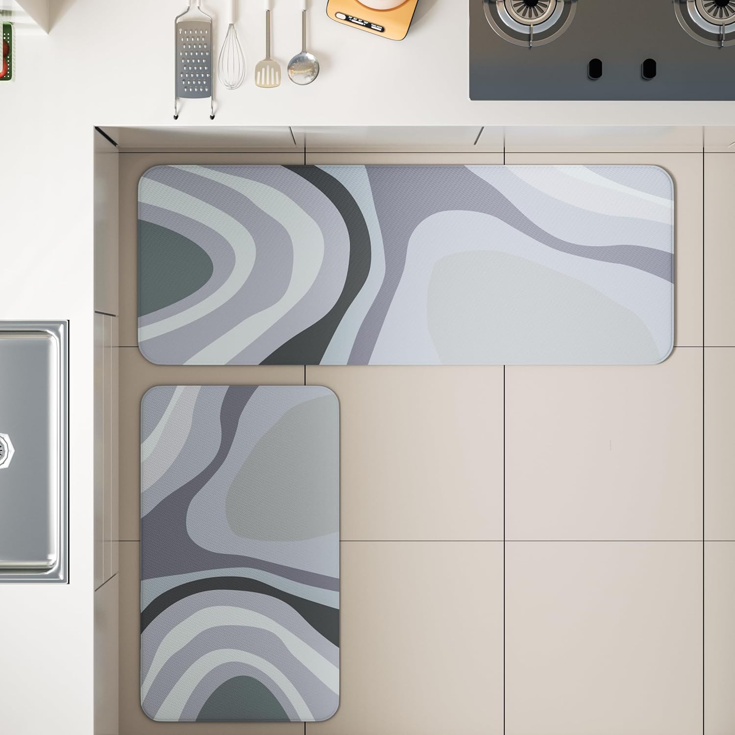 Kitchen Floor Mat Set of 2 PCS,Cushioned Anti Fatigue Kitchen Rug for Floor,Non-Slip Waterproof Kitchen Mats,Durable PVC Comfort Kitchen Mats and Rugs (Gray＆White, 17"×47"+17"×30")