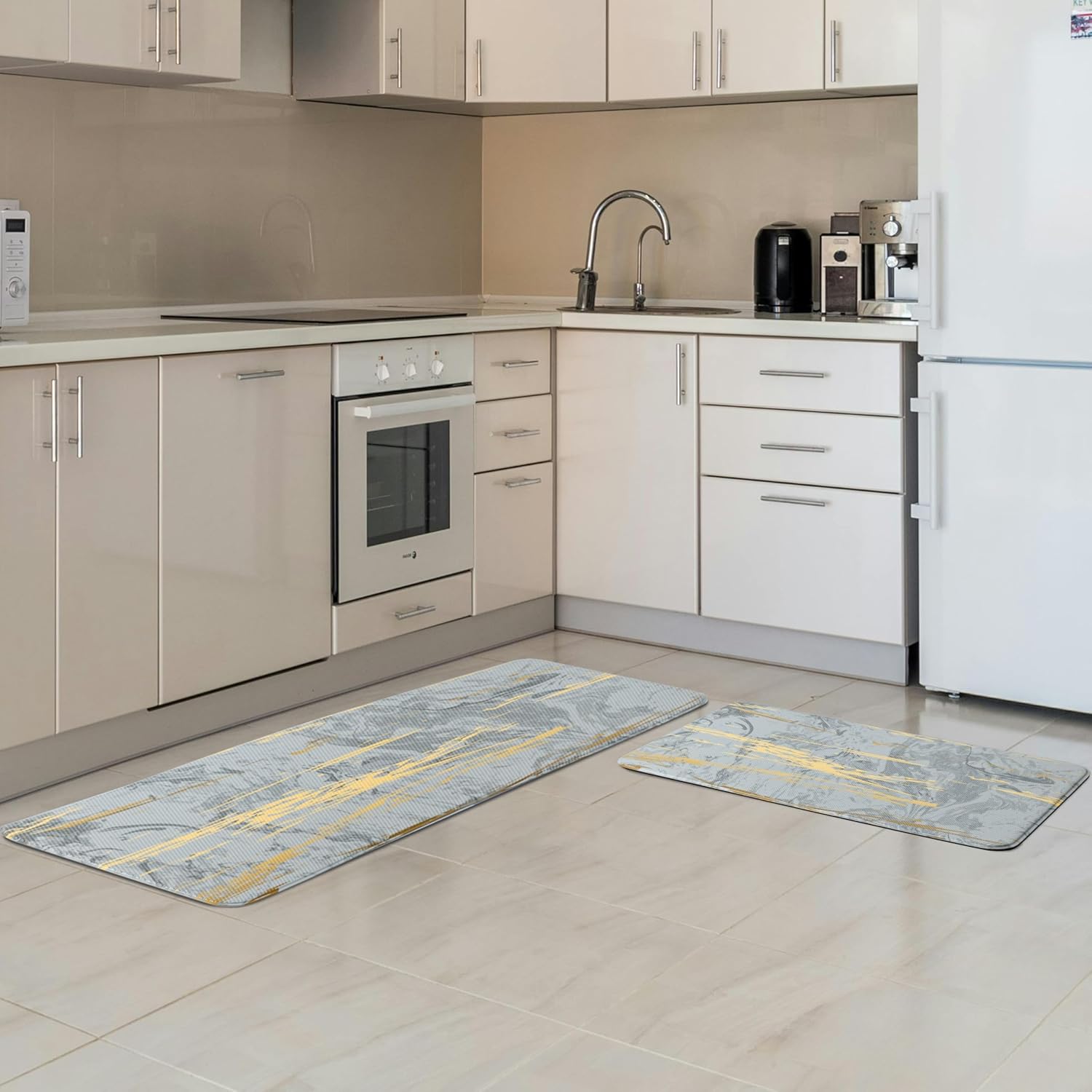 PAIDU Kitchen Floor Mat Set of 2 PCS,Cushioned Anti Fatigue Kitchen Rug for Floor,Non-Slip Waterproof Kitchen Mats,Durable PVC Comfort Kitchen Mats and Rugs (gray&gold)