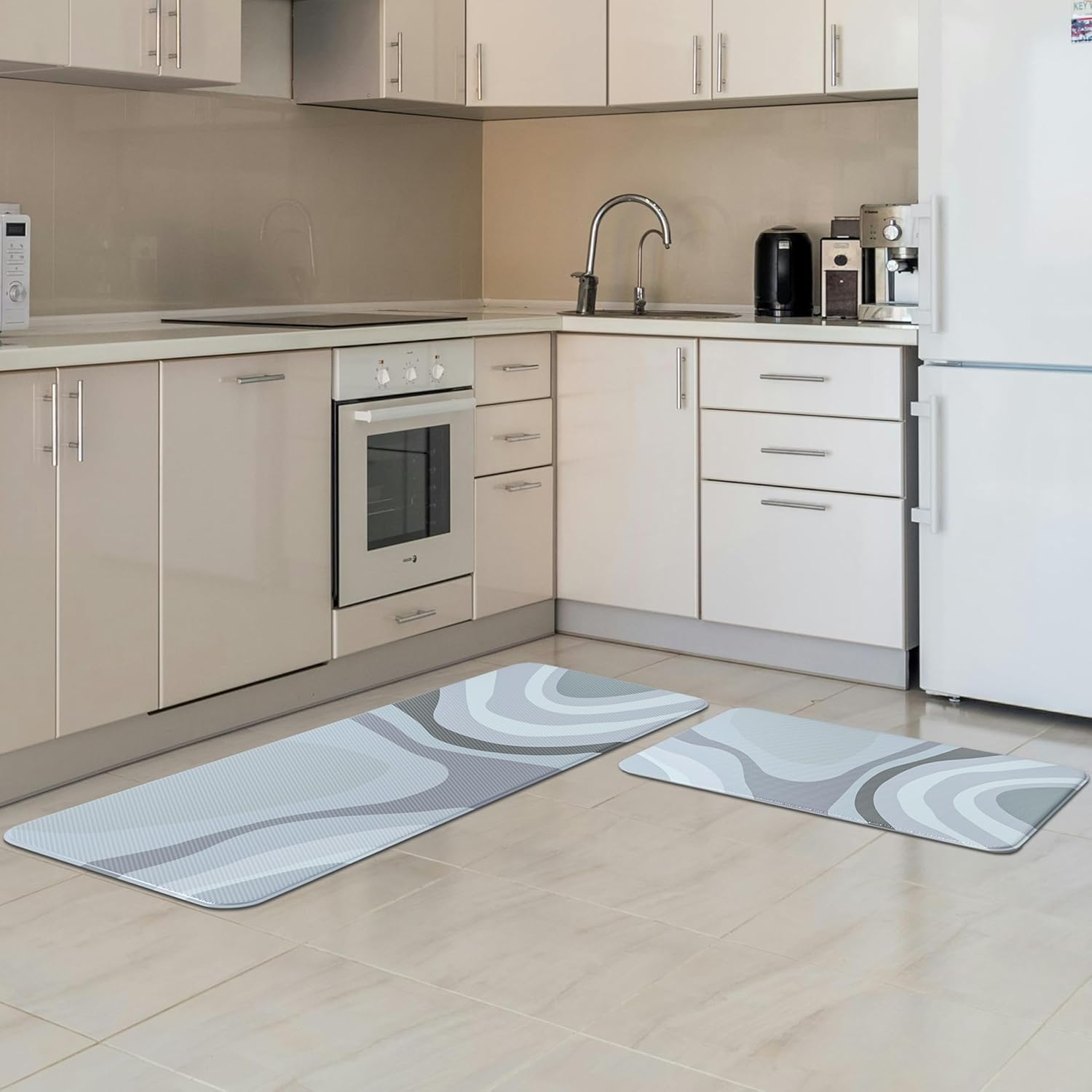 Kitchen Floor Mat Set of 2 PCS,Cushioned Anti Fatigue Kitchen Rug for Floor,Non-Slip Waterproof Kitchen Mats,Durable PVC Comfort Kitchen Mats and Rugs (Gray&White, 17"×47"+17"×30")